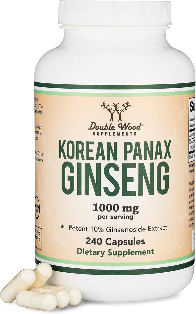 Ginseng Kapsler (Koreansk Rød Ginseng Uddrag, Panax Ginseng 10% Ginsenosider) (4 Måned Tilgang) 240 Vegan Kapsler - 1.000mg pr Servering til Mood, Kognitiv Funktion og energistøtte med Double Wood