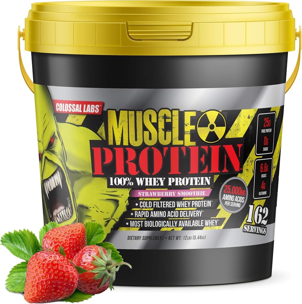 COLOSSAL LABS Muscle Protein Whey Powder [12 lbs / pakke med 1] - Cold Filtered, 25g Pure Protein, 6.6g BCAA (Packaging May Vary) (12LB, Strawberry)