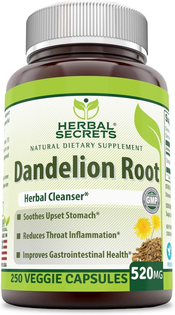 Herbal Secrets Dandelion Root 520 mg Veggie Capsules Supplement | Non-GMO | Gluten Free | Made in USA (250 Count)