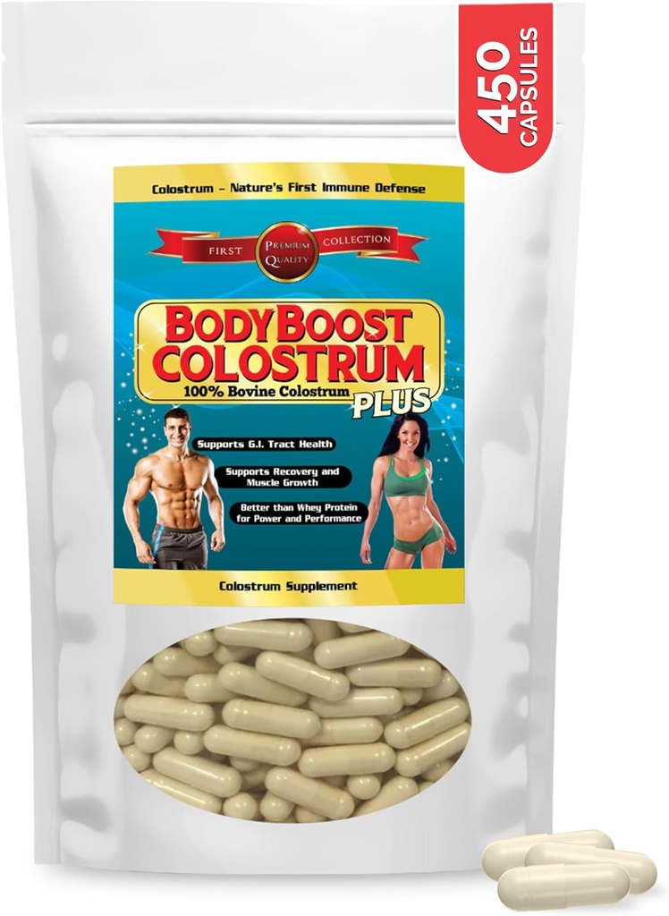 BodyBoost Colostrum Kapsler, 100% Bovin Colostrum Powder, Immunbooster tillæg med immunoglobulin & Lactoferrin, Super Food for Gut Health & Muscle Growth, Diverse Intake, 450 Kapsler