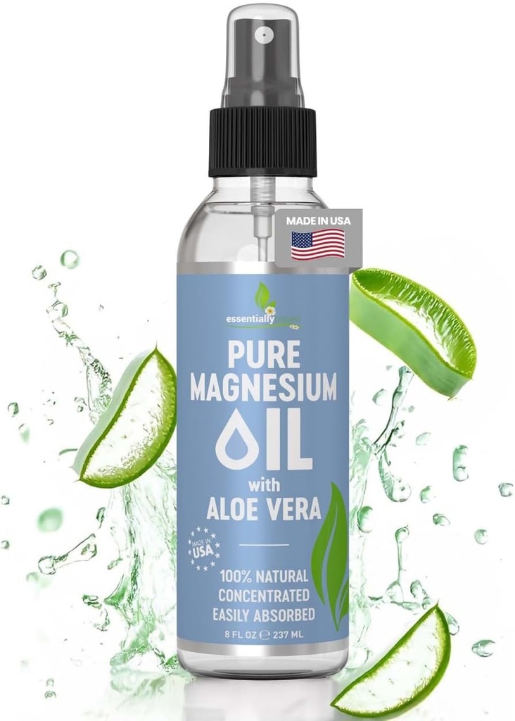 Pure Magnesium Oil Spray med Aloe Vera 8oz - Topical Magnesium Spray - Mindre Itchy - 100% Økologisk Olie - Lavet i USA