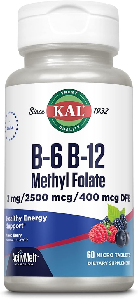 KAL vitamin B- 6 B- 12 methylfolat ActivMelt, vitamin B tillæg, hjerte sundhed, energi og røde blodceller støtte med methyl B12 og DFE folinsyre, naturlige bær flavor, 60 Servering, 60 Micro Tabs