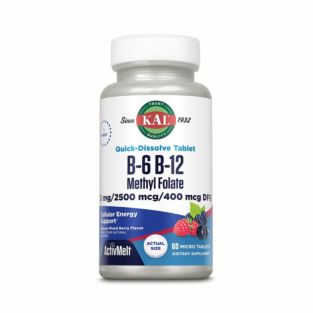 KAL vitamin B- 6 B- 12 methylfolat ActivMelt, vitamin B tillæg, hjerte sundhed, energi og røde blodceller støtte med methyl B12 og DFE folinsyre, naturlige bær flavor, 60 Servering, 60 Micro Tabs