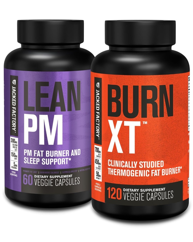 Jacked Factory Lean PM Night Time Fat Burner, Sleep Aid Supplement, & Appetite Suppressant (60 kapsler) & Burn- XT Klinisk Studerede Fat Burner & Vægttab Supplement (120 kapsler)