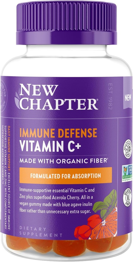 Nyt kapitel Vitamin C + Gummies - 35% mindre sukker §, Excellent kilde til C-vitamin, To daglige Gummies til immunforsvar med Acerola Cherry, Vegan, Non- GMO, Gluten Free, Citrus Flavored, 60ct