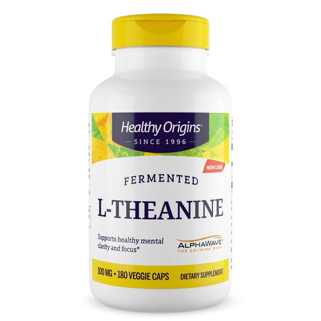 Sund oprindelse L- Theanine 100 mg (AlphaWave, Understøtter afslapning uden Drowsiness, Brain Support, Non- GMO, Gluten Free), 180 Veggie Caps