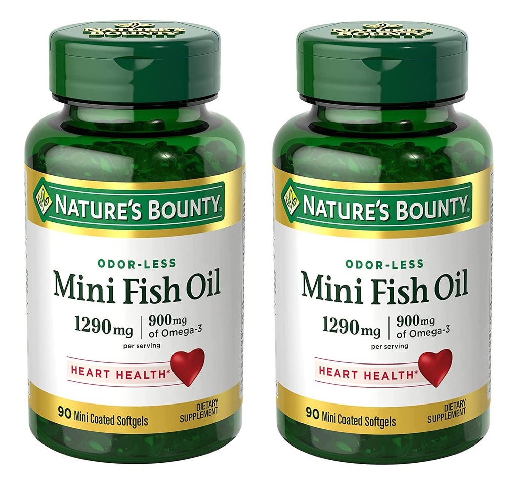 Nature 's Bounty Mini Fish Oil Softgels 1290 mg, Omega-3, Supports Heart Health, Odor- Mindre, 90 Mini Coated Softgels - Pack of 2