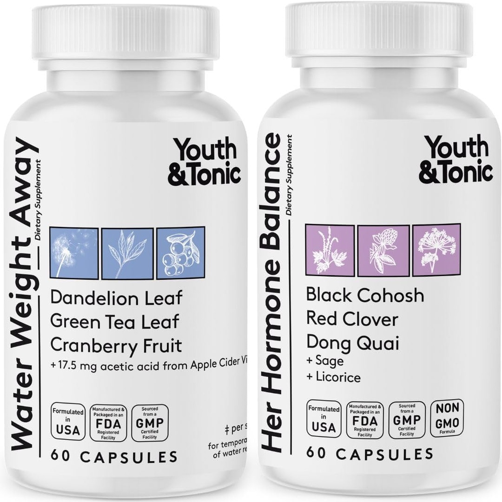 Unge & Tonic kvinder Vandvægttab piller til Hormonal ændringer og fluid retention under PMS, menopause - Hævelse, Bloating & Hormone Balance - 120 kapsler