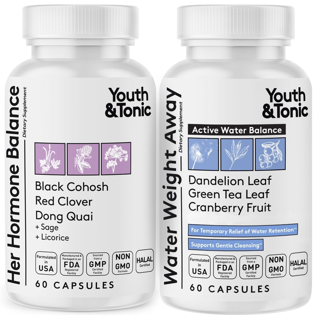 Unge & Tonic kvinder Vandvægttab piller til Hormonal ændringer og fluid retention under PMS, menopause - Hævelse, Bloating & Hormone Balance - 120 kapsler