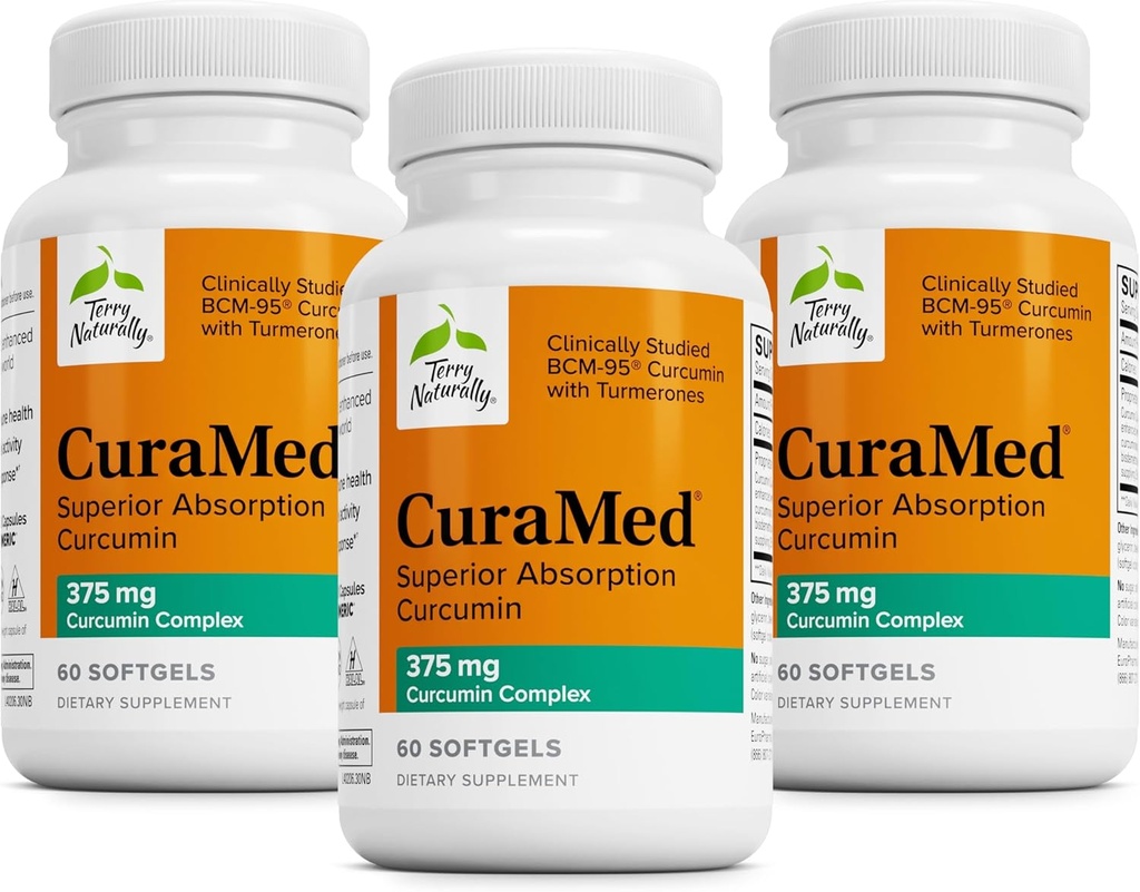 Terry naturligt CuraMed 375mg - Antioxidant supplement til hjerne og immunforsvar - Kosttilskud med Curcumin & gurkemeje Essential Oil - Urteleverstøtte - 60 Softgels (pakke med 3)