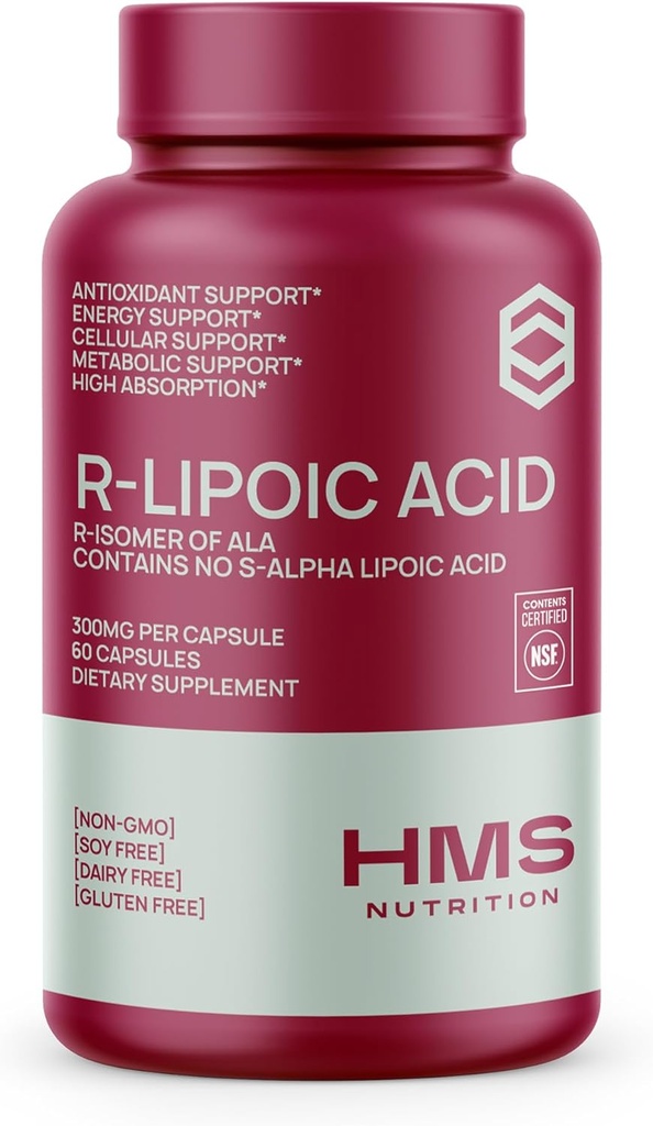 Stabiliseret R- lipoinsyre 300mg per servering, R Alpha liposyre ALA supplement Antioxidant til nerve, Energi & Metabolisme Support, NSF Certified Supplements, Non- GMO & Vegan, 60 Kapsler, 2 Måned Supply
