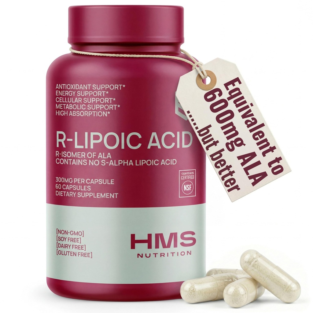 Stabiliseret R- lipoinsyre 300mg per servering, R Alpha liposyre ALA supplement Antioxidant til nerve, Energi & Metabolisme Support, NSF Certified Supplements, Non- GMO & Vegan, 60 Kapsler, 2 Måned Supply