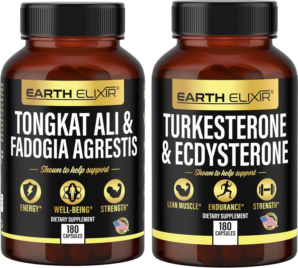 Earth Elixir Fadogia Agrestis 600 mg og Tongkat Ali 500mg + Turkesterone1000mg og Ecdysterone 1000mg Supplements (180 kapsler) Bundle