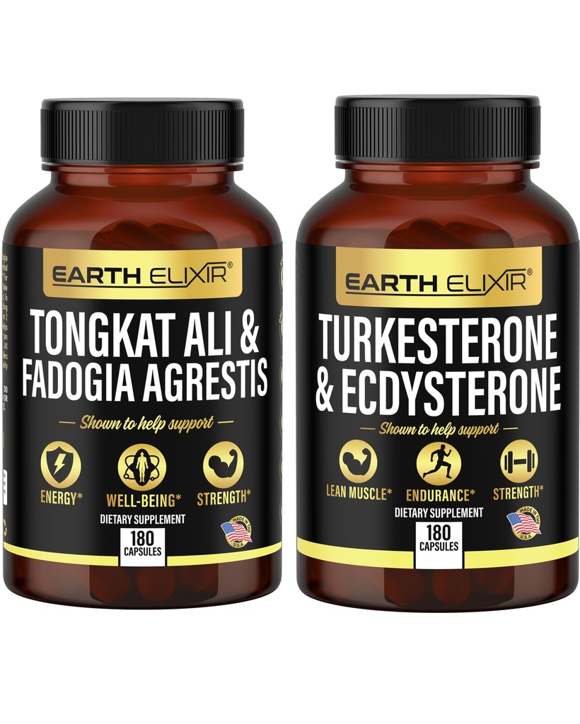 Earth Elixir Fadogia Agrestis 600 mg og Tongkat Ali 500mg + Turkesterone1000mg og Ecdysterone 1000mg Supplements (180 kapsler) Bundle