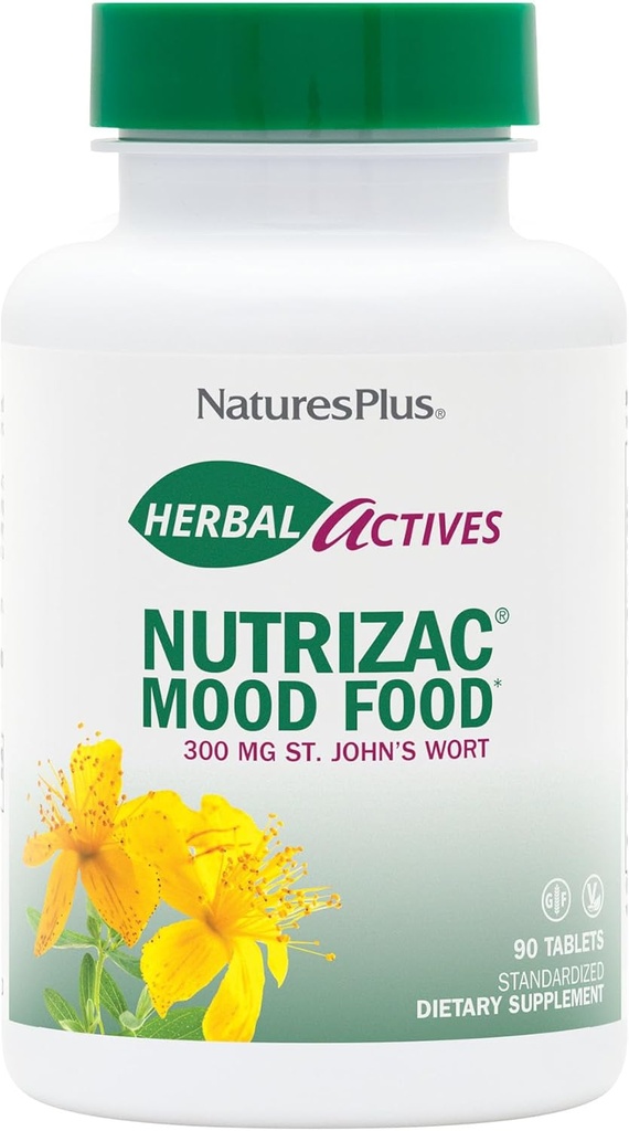 Natures Plus Herbal Actives NutriZAC Mood Food - 300 mg St Johns Wort, 90 Vegan Bi-Layered Tablets - Maximum Potency Natural Mood Booster - Vegetarian, Gluten-Free - 90 Servings