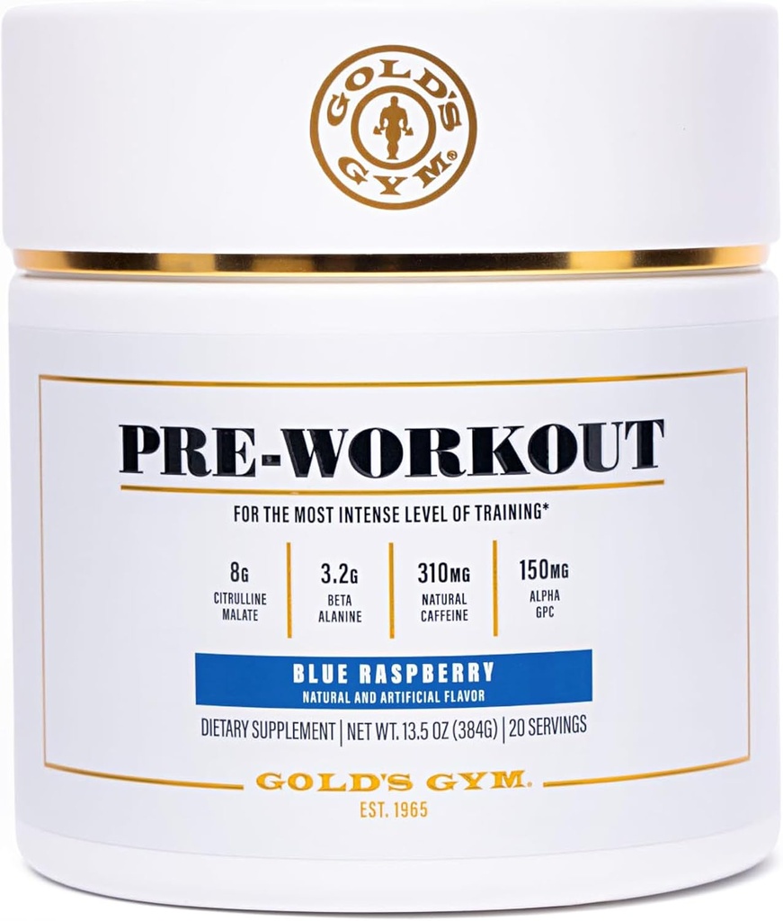 Gold's Gym Nutrition Pre-Workout Powder | Soy-Free, Keto, Vegan Premium Flavor Pre-Workout with Natural Caffeine, L-Citrulline, Alpha GPC, Beta-Alanine, and Antioxidants, 20 Servings (Blue Raspberry)