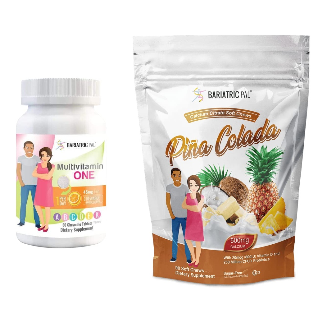 BariatricPal 30- Day Bariatric Vitamin Bundle (Multivitamin ONE 1 per dag! med 45mg jern Chewable - Orange Citrus og Calcium Citrat Soft Chews 500mg med Probiotika - Piña Colada)