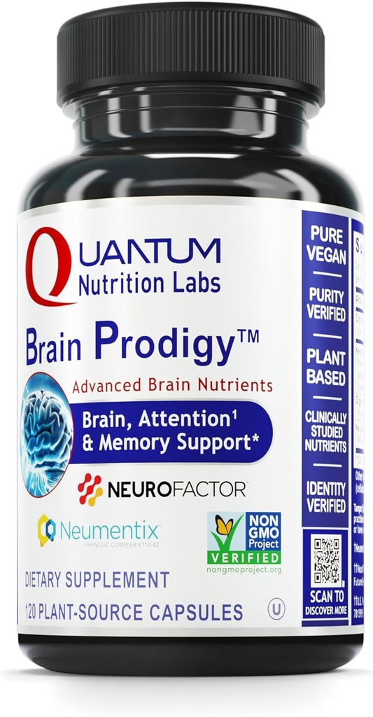 Quantum Nutrition Labs Brain Prodigy - Hjernetilskud til hukommelse og fokus, Focus supplement, Vitamin til koncentration og hukommelse støtte til voksne, til mænd og kvinder - 120 vegetariske kapsler