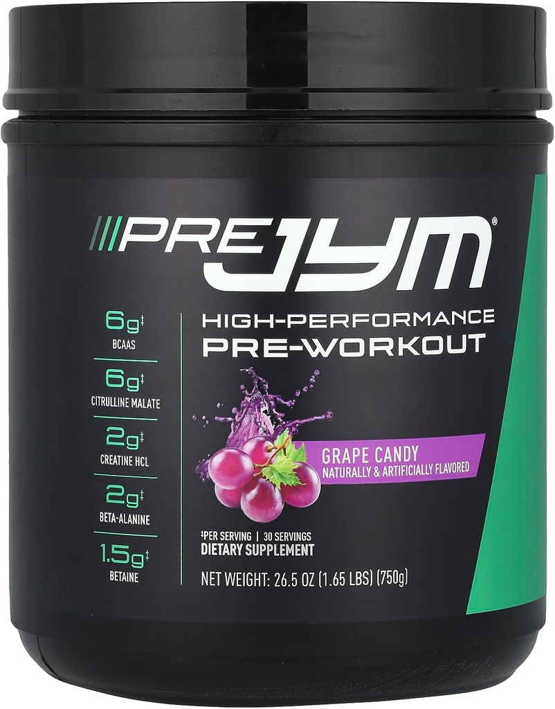 JYM Supplement Science Pre JYM Grape Candy Pre Workout Pulver til mænd og kvinder, BCAA, Nootropics, Creatin HCI, Citrullin, Beta- Alanine, Betaine, Taurine, Huperzine, 30 Servere