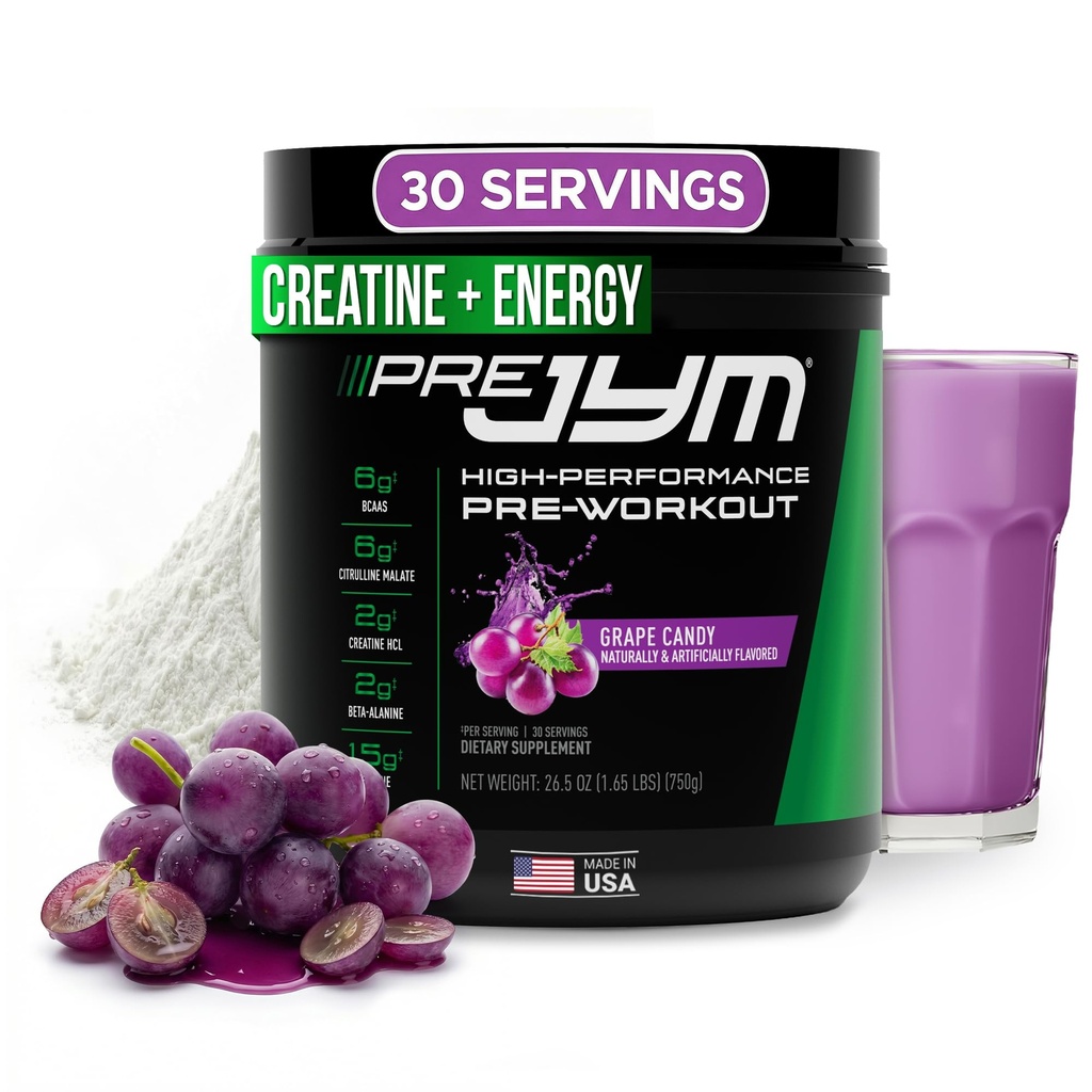 JYM Supplement Science Pre JYM Grape Candy Pre Workout Pulver til mænd og kvinder, BCAA, Nootropics, Creatin HCI, Citrullin, Beta- Alanine, Betaine, Taurine, Huperzine, 30 Servere
