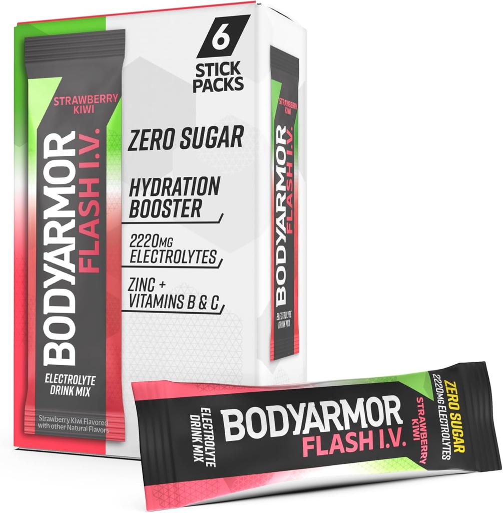 BODYARMOR Flash IV Electrolyte Packets, Jordbær Kiwi - Zero Sugar Drink Mix, Single Serve Packs, kokos vand pulver (6 Greve)
