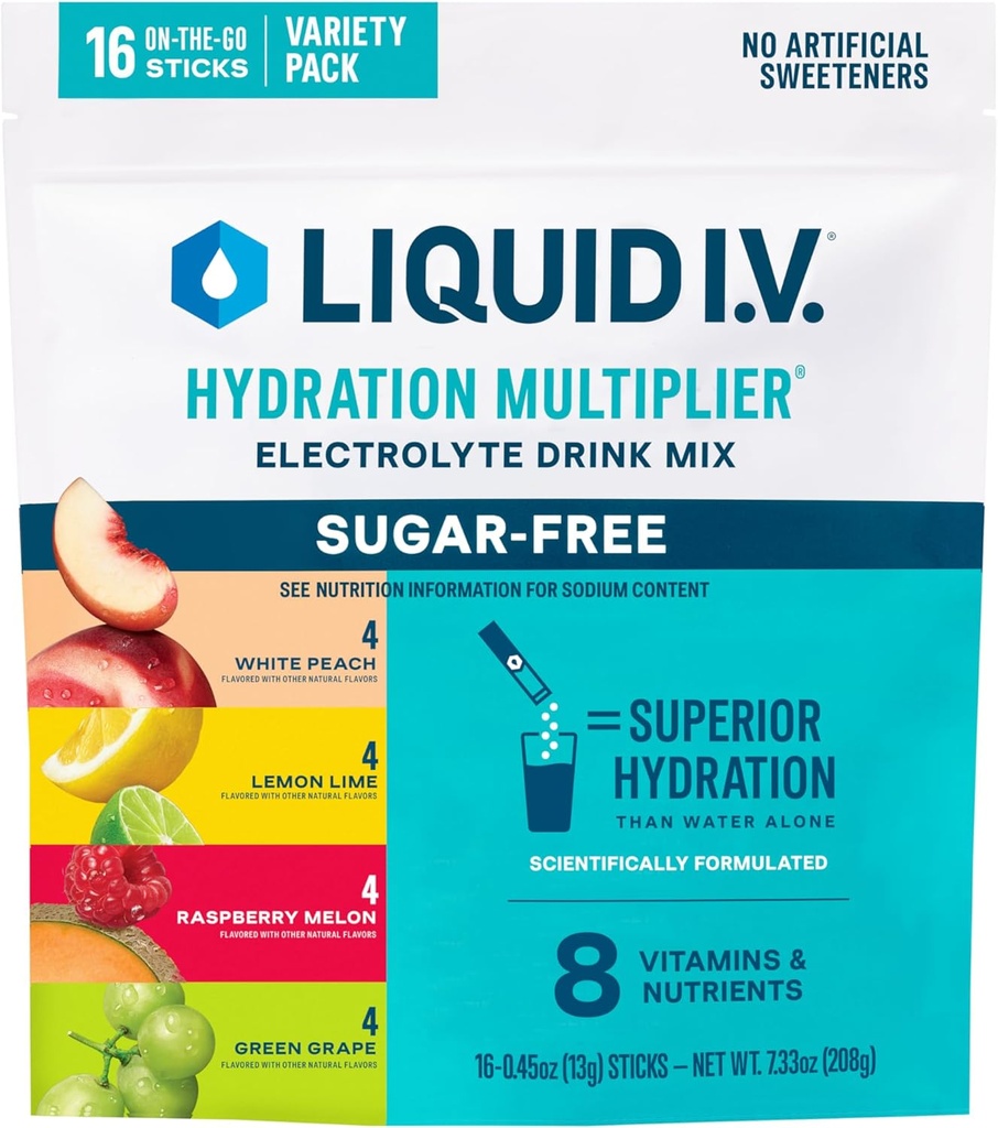 Væske I.V. ® Hydration Multiplier Sugar- Free Variety Pack - Raspberry Melon, Lemon Lime, White Peach, Green Grape (Variety Pack)