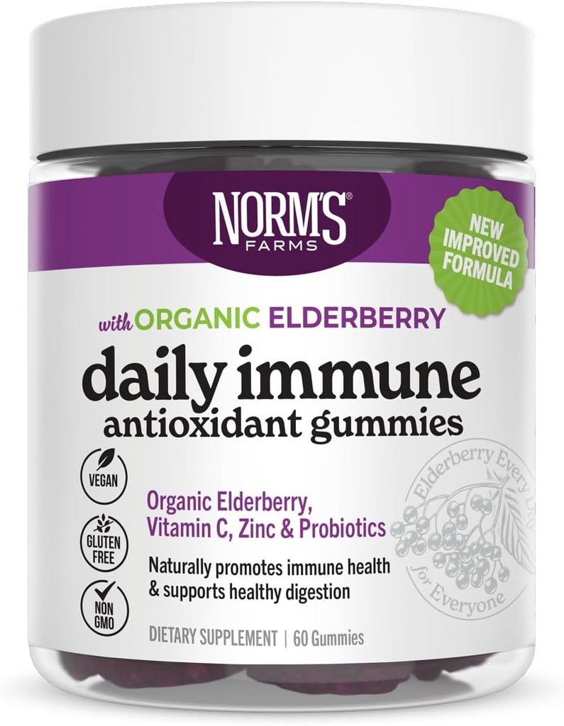 Norm 's Farms Organic Elderberry Gummies - Daglig immunforsvar for voksne og børn med zink, DE111 Probiotisk, C-vitamin - Lavet i USA, 3. part testet - Vegan, Gluten- fri, Kosher, Non- GMO, 60 Gummies