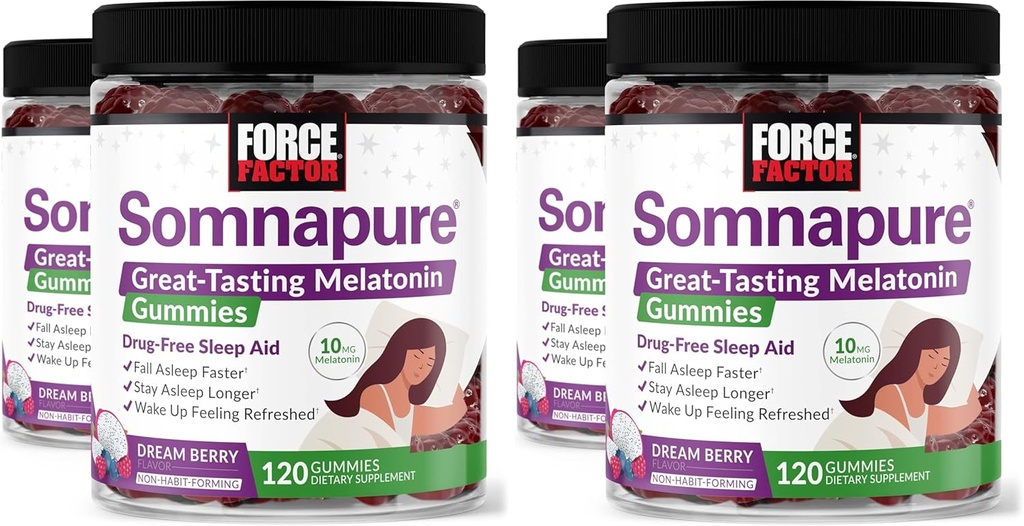 Force Factor Somnasure Gummies med Melatonin, Drug- Free Sleep Support for voksne med lejlighedsvis søvnløshed, Dream Berry Flavor, 120 Greve (pakke med 4)