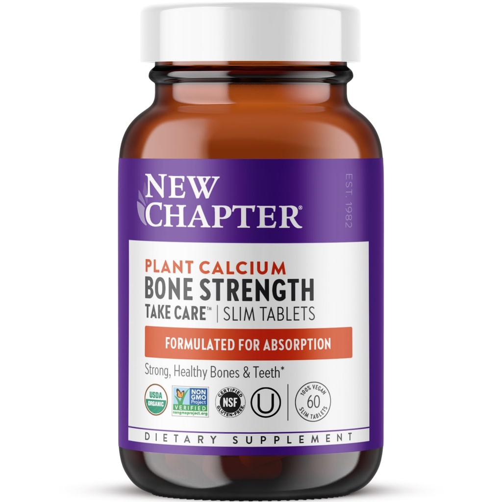 New Chapter Calcium Supplement - Bone Strength Plant-Based USDA Organic Calcium with Magnesium, Vitamin D3+K2, for Bone Health & Joint Mobility, Heart Support, 905 mg dose - 60 Slim Tablets