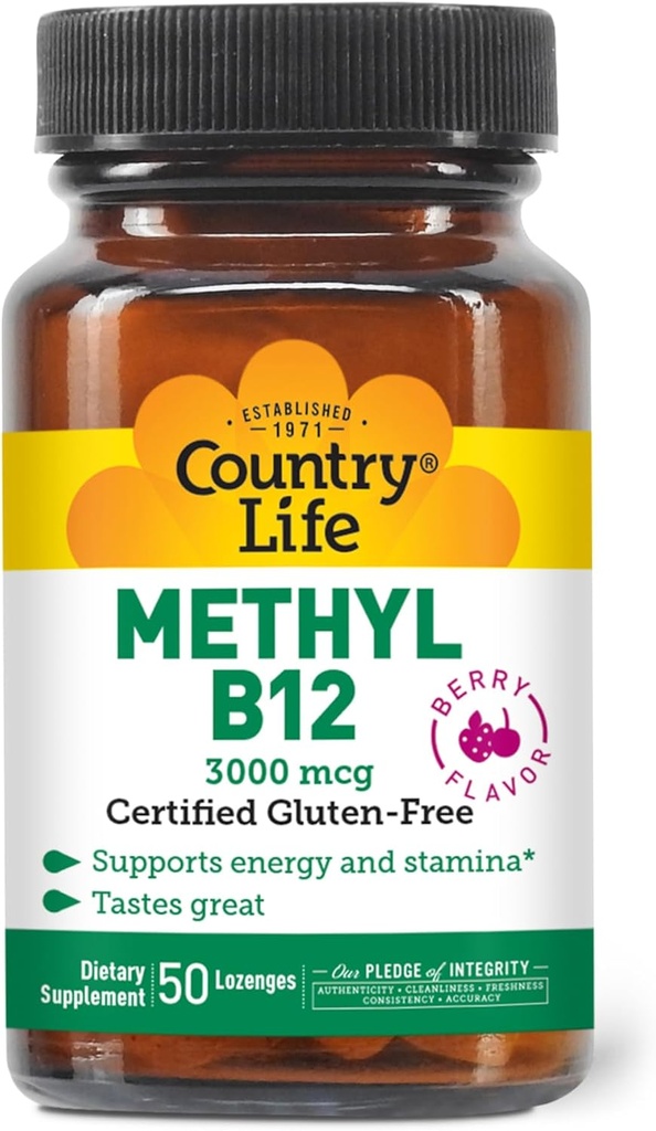 Country Life Methyl B- 12 3000 mcg Lozenges, Vegan, Methylcobalamin til energi og, Let Absorberet, B12 Vitamin, Understøtter energiniveauer, Stamina & Metabolisme, 50 Tæl