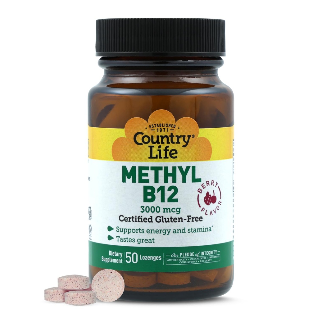 Country Life Methyl B- 12 3000 mcg Lozenges, Vegan, Methylcobalamin til energi og, Let Absorberet, B12 Vitamin, Understøtter energiniveauer, Stamina & Metabolisme, 50 Tæl