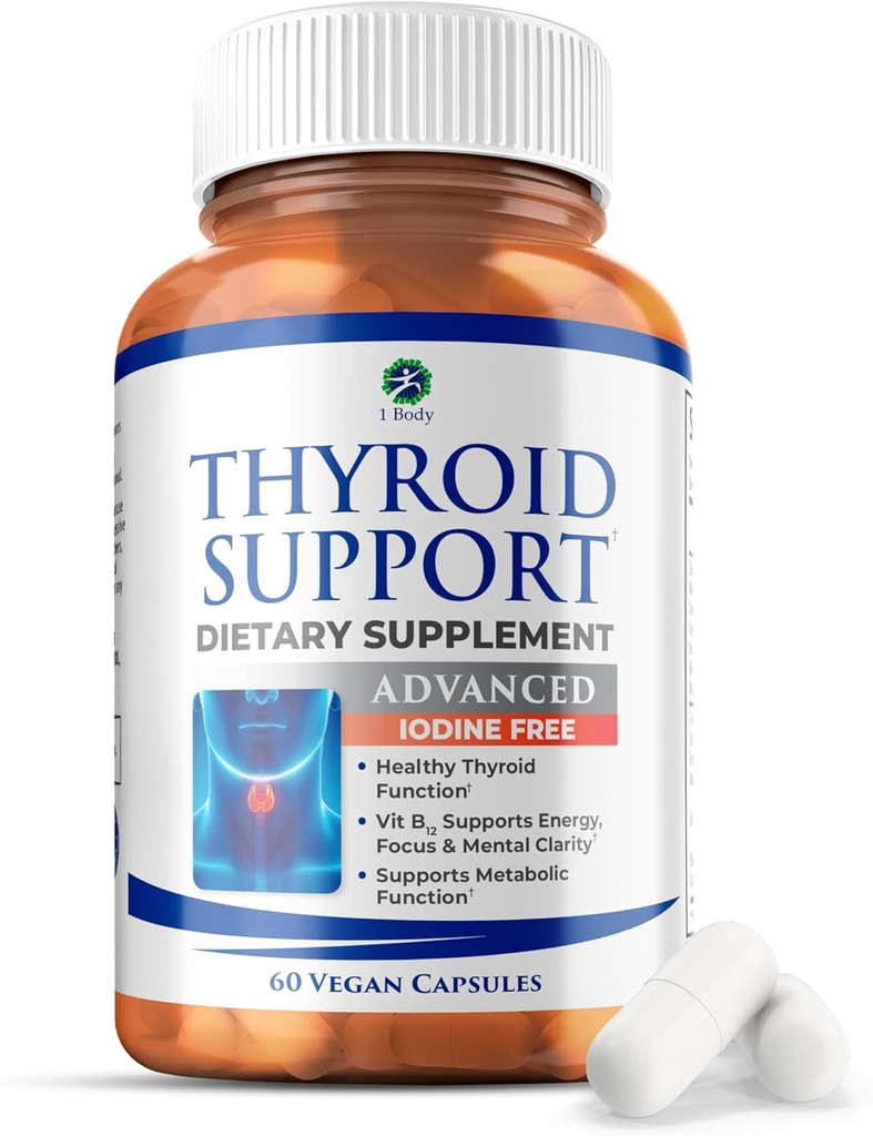1 Body Thyroid Support, Iodine- Free, Vegan, with L- Tyrosine and Ashwagandha, 60 Kapsler