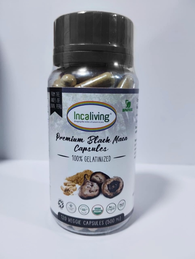 Incaliving- Premium Black maca Veggie caps 120ct.100% Organic Authentic maca from Peru: Gluten Free Non GMO, take After a Workout or Early in The Mornings.