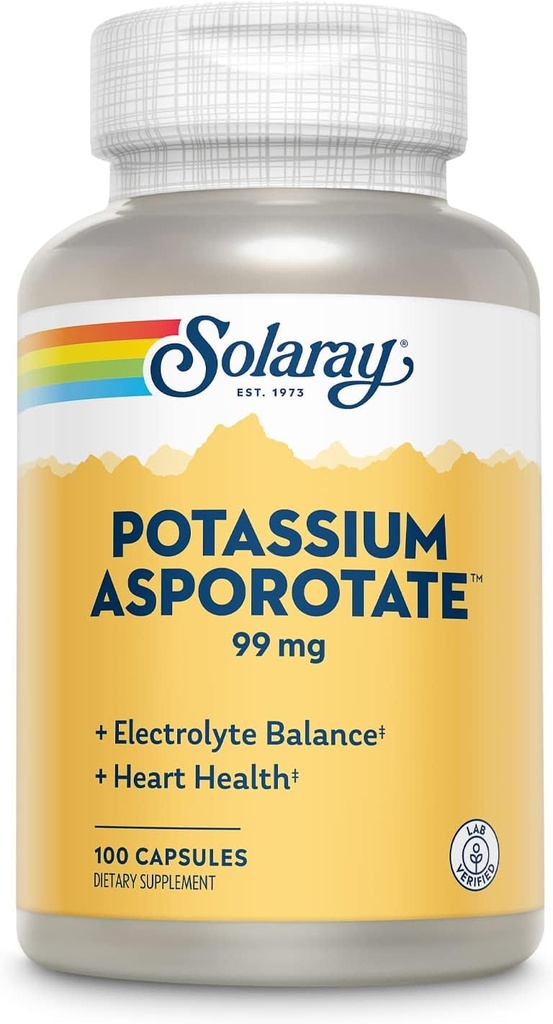 Solaray Kalium Asporot Chelated Supplement, Electrolyte Balance & Heart Health Support, 100 Servere, 100 Kapsler