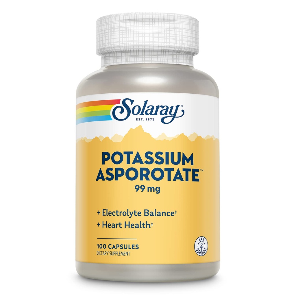 Solaray Kalium Asporot Chelated Supplement, Electrolyte Balance & Heart Health Support, 100 Servere, 100 Kapsler