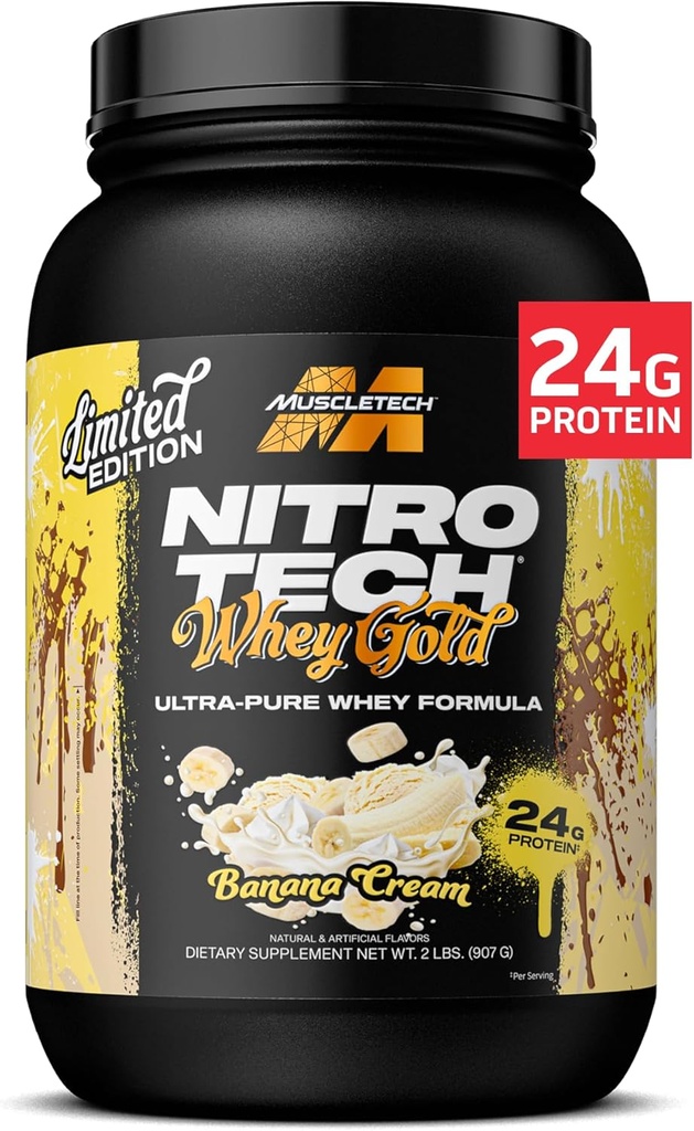 MuscleTech Whey Protein Powder (Banana Cream, 2LB) - Nitro- Tech Whey Protein Isolate Smoothie Mix for Lean Muscle & Fast Recovery - 24g af Whey Gold Protein for kvinder & mænd - Gluten- Free