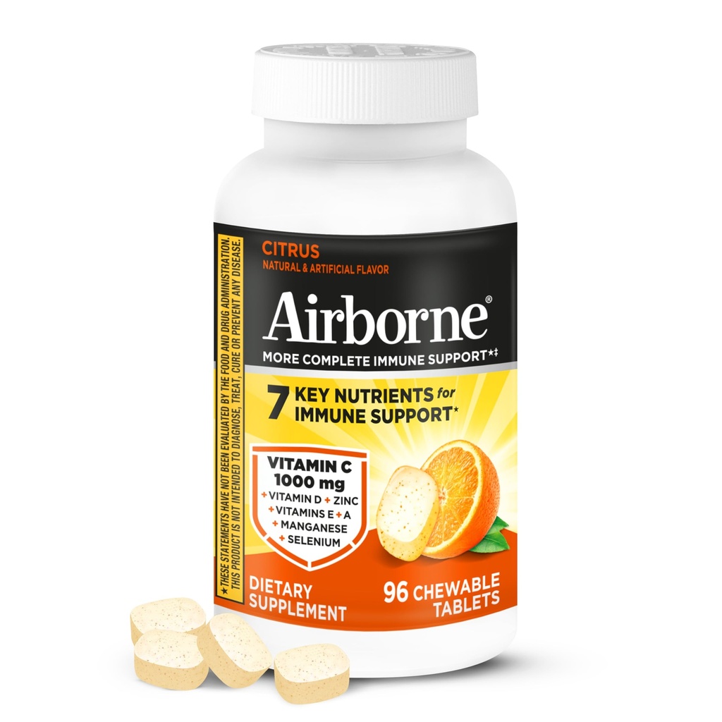 Airborne C-vitamin 1000mg (per servering) - Citrus Chewable Tablets (96 Tæl i en kasse) - Packaging May Vary