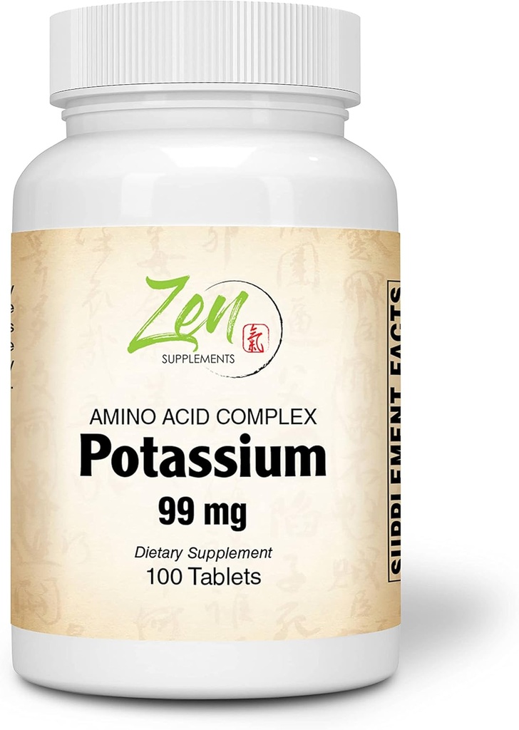 Zen Kosttilskud - Kalium 99 mg (Aminosyre) 100- Tabs - Fluid & Electrolyte Balance Formel - Heart, Nerve & Muscle Function Support