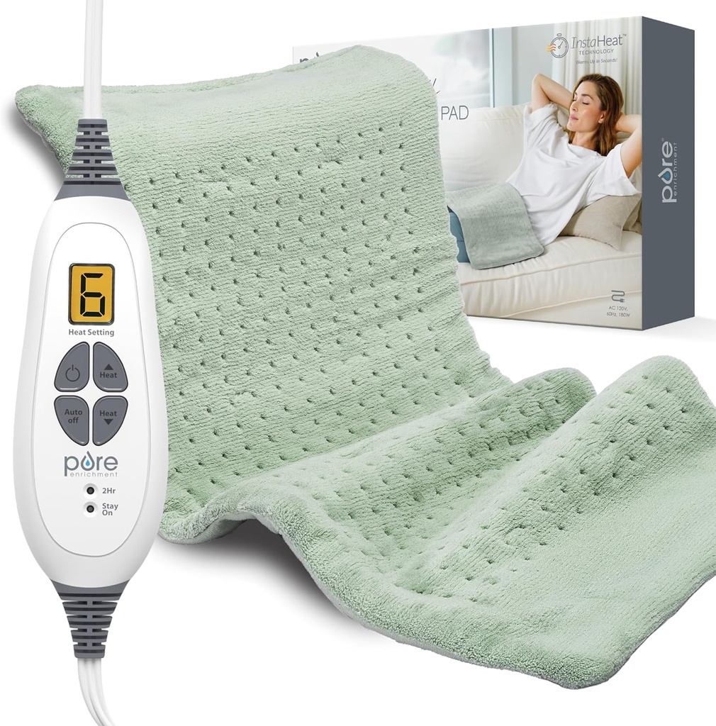 Pure Berigelse PureRelief XL varmeregl - 12 "x 24" Elektrisk varmeregl til rygsmerter & kramper, 6 varmeindstillinger, FSA / HSA Egnet, Soft Machine Wash Fabric, Auto-Off & Fuist Heat (Zen Green)