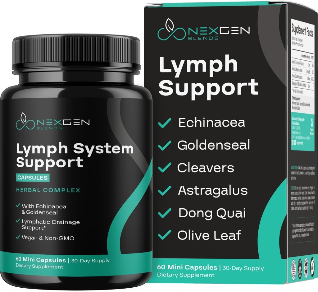 Herbal Lymph System Support Supplement - Lymphatic Support Complex with Echinacea Goldenseal Astragalus & Hydroxytyrosol for Lymphatic Drainage & Immune Support - Vegan Non-GMO Gluten Free (1 Month)