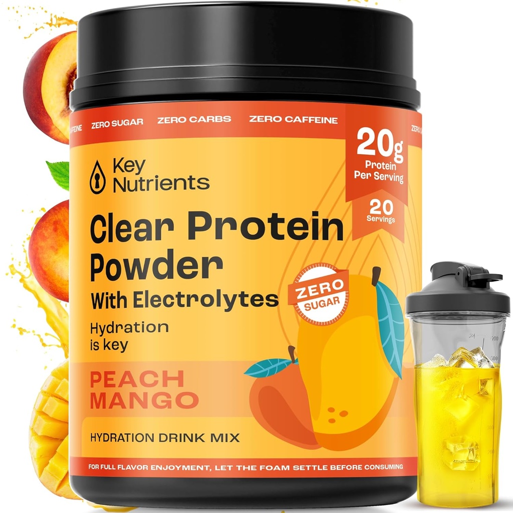 KEY NUTRIENSER Multivitamin Electrolytes Powder No Sugar - Peach Mango Electrolyte Powder - Endurance & Energy Supplement - Hydration Powder - Ingen kalorier - 20 Servering - (Peach Mango + Protein Powder)