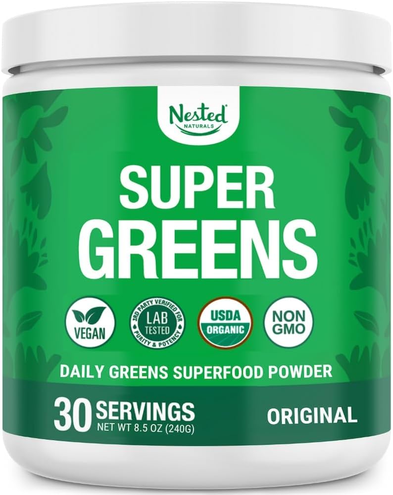 Nested Naturals Super Greens Daily Superfood Powder - Certificeret USDA Organic Green Powder w / 20 + Whole Foods, Spirulina Powder, Hvede & Barley Grass - Probiotika, Fiber & Enzymes - Original Arv, 30