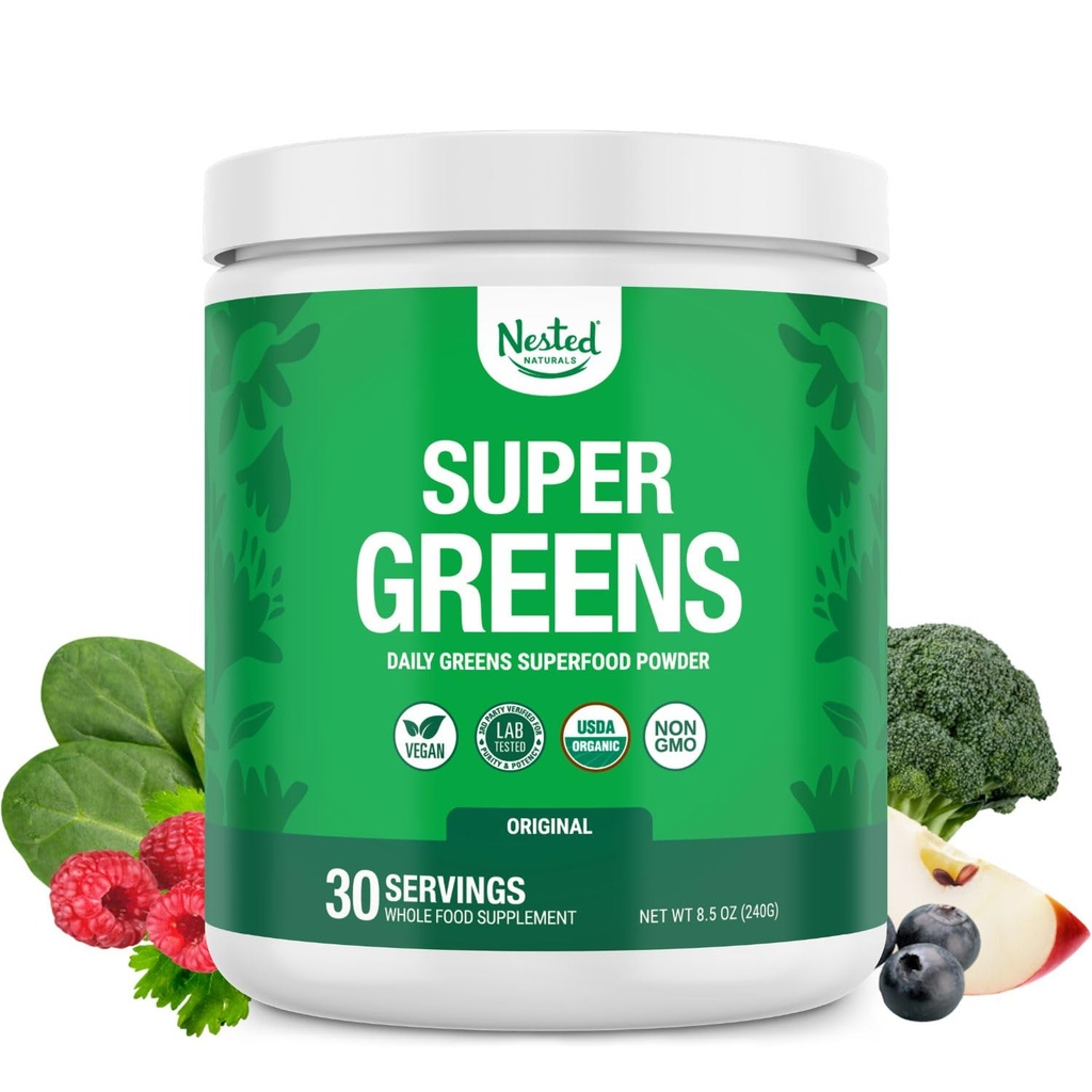 Nested Naturals Super Greens Daily Superfood Powder - Certificeret USDA Organic Green Powder w / 20 + Whole Foods, Spirulina Powder, Hvede & Barley Grass - Probiotika, Fiber & Enzymes - Original Arv, 30