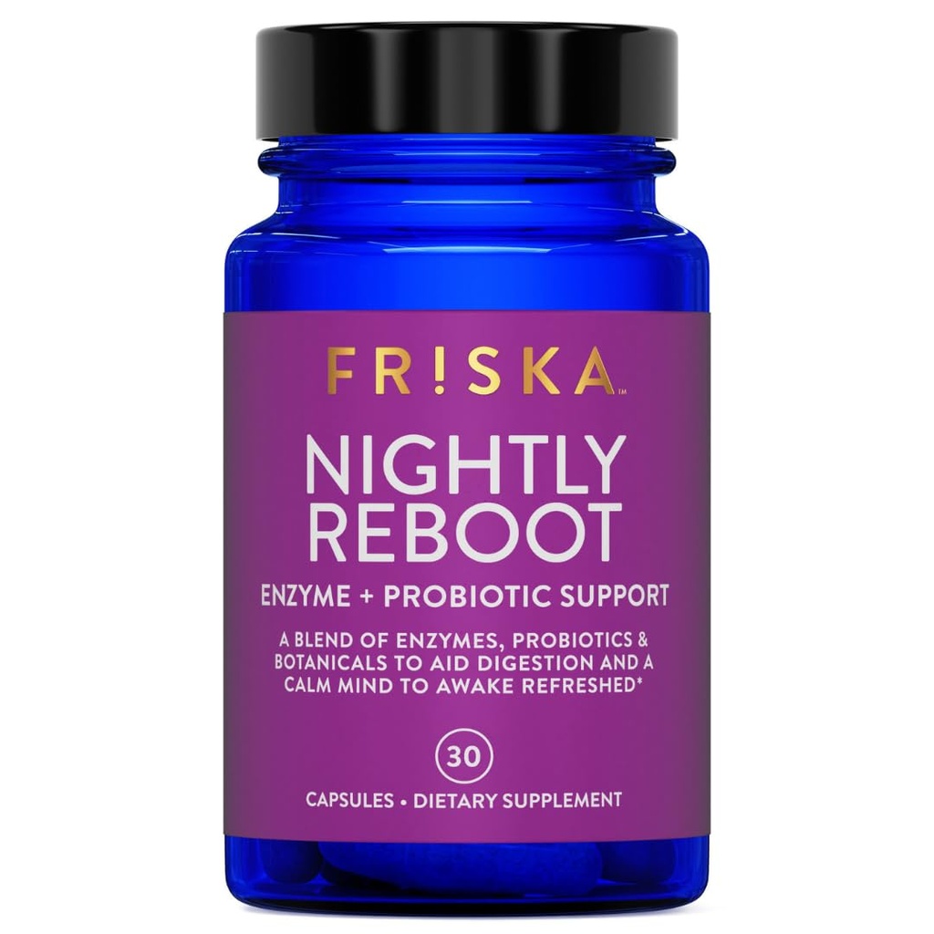 FRISKA Nightly Reboot Enzyme og Probiotika supplement, fremmer bedre fordøjelse og søvn, understøtter Gut sundhed for mænd og kvinder, Melatonin, kamille, 30 kapsler
