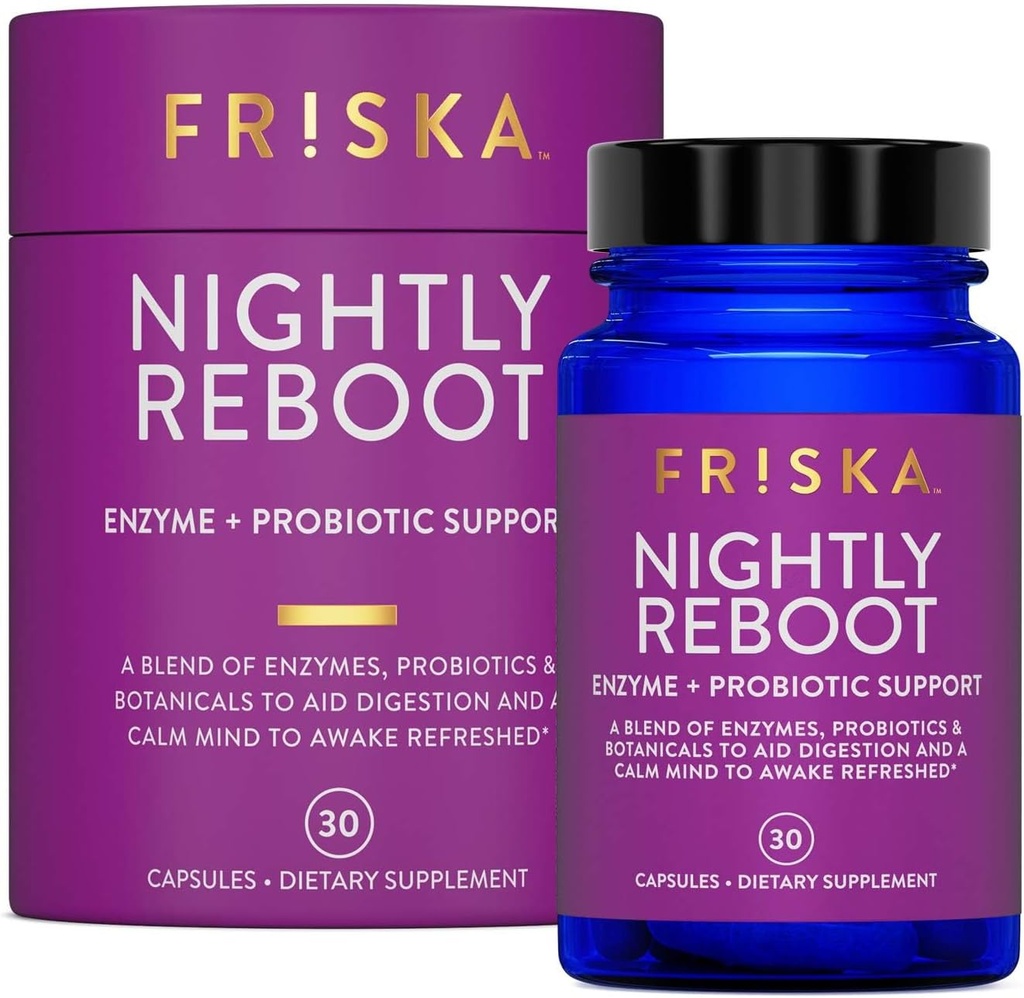 FRISKA Nightly Reboot Enzyme og Probiotika supplement, fremmer bedre fordøjelse og søvn, understøtter Gut sundhed for mænd og kvinder, Melatonin, kamille, 30 kapsler