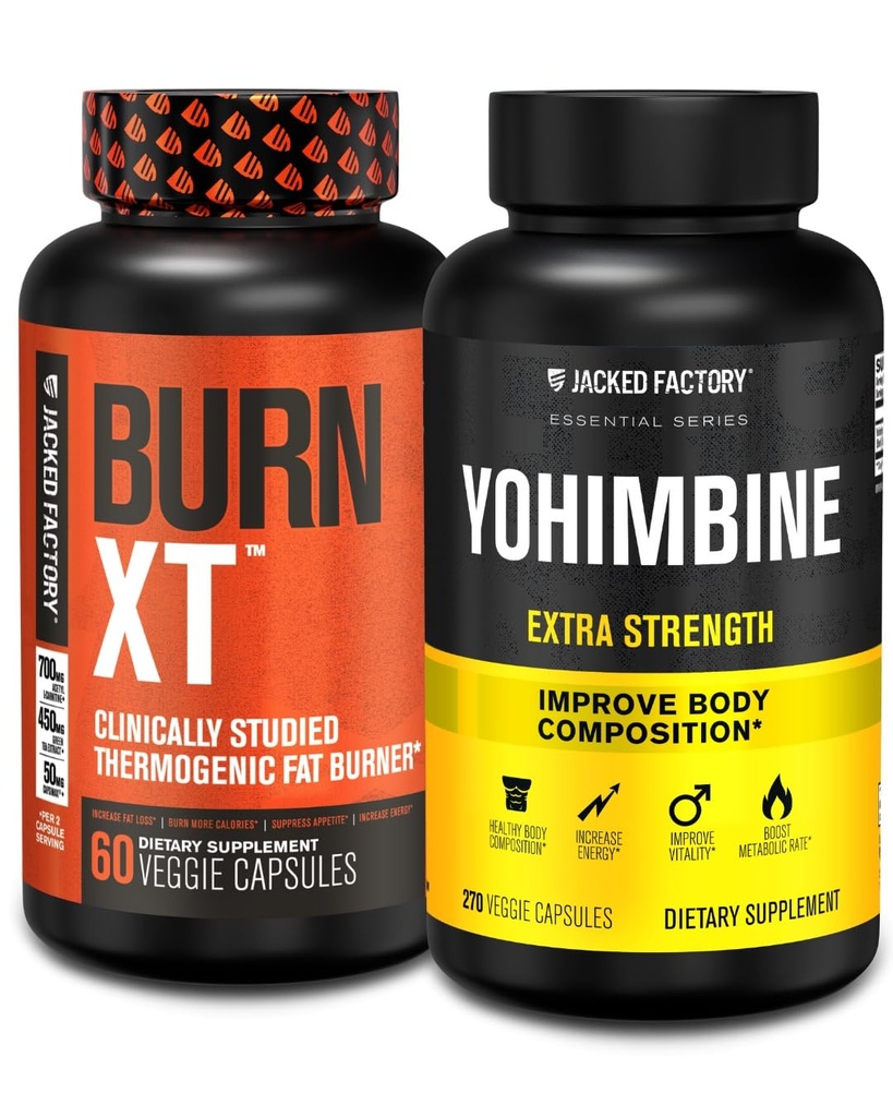 Jacked Factory Fat Burner med Yohimbine - Termogene kosttilskud til mænd og kvinder - Burn- XT Termogene Fat Burner & Yohimbine Extra Strength Supplement 2,5 mg, 270 Kapsler