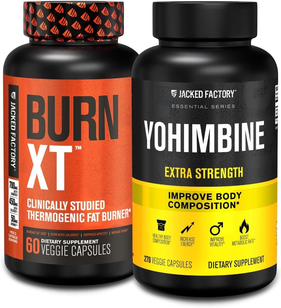 Jacked Factory Fat Burner with Yohimbine - Thermogenic Supplements for Men & Women - Burn-XT Thermogenic Fat Burner & Yohimbine Extra Strength Supplement 2.5mg, 270 Capsules