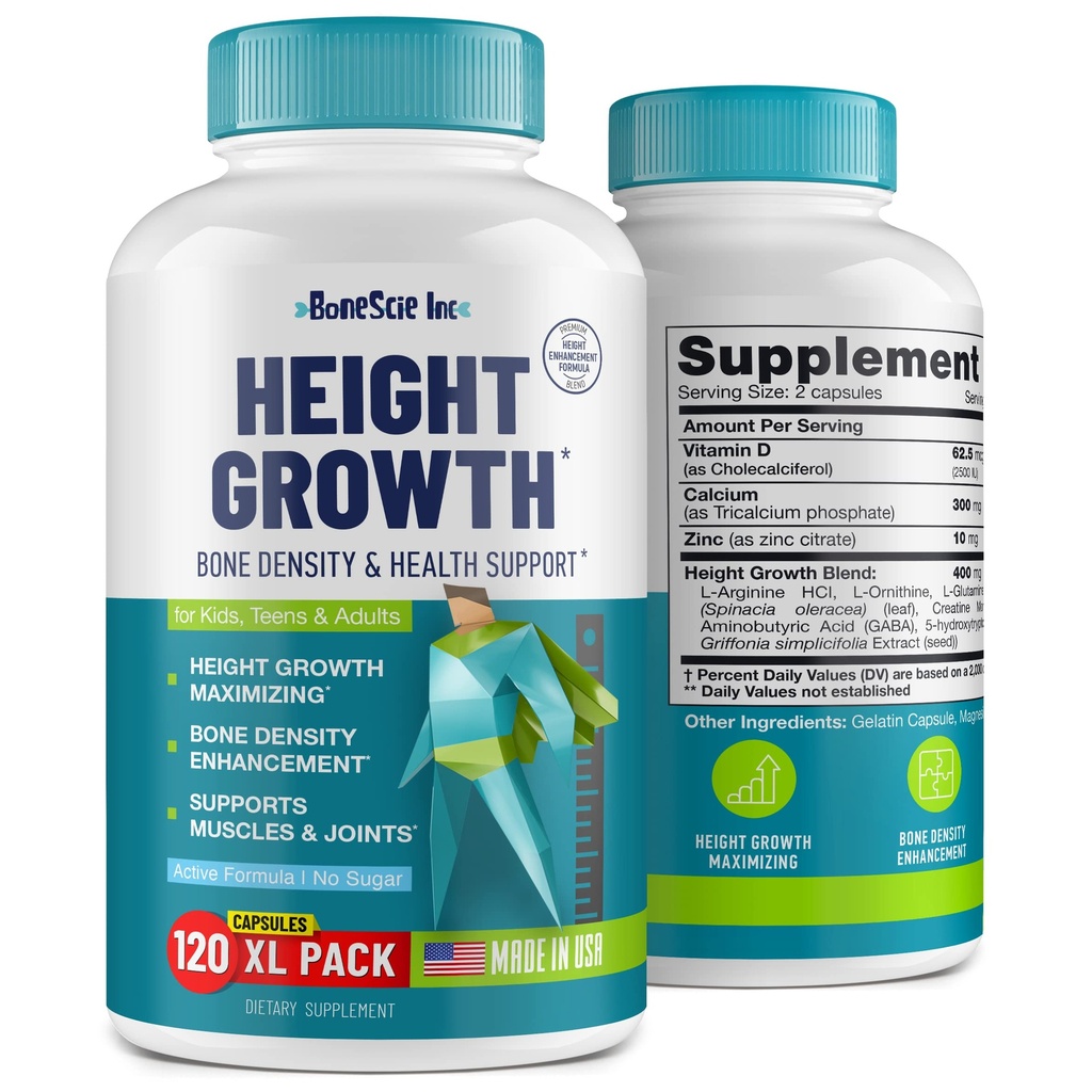 Højde Vækst Maximizer - Lavet i USA - Naturlig Højde Stigning Booster & Bone Vækstpiller - Grow Taller Supplement for voksne, Teens & Kids - Vitaminer til drenge og piger at få højere - 120 Kapsler