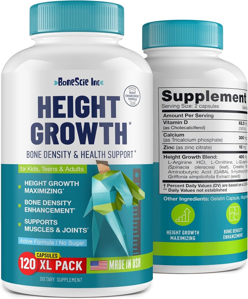Højde Vækst Maximizer - Lavet i USA - Naturlig Højde Stigning Booster & Bone Vækstpiller - Grow Taller Supplement for voksne, Teens & Kids - Vitaminer til drenge og piger at få højere - 120 Kapsler
