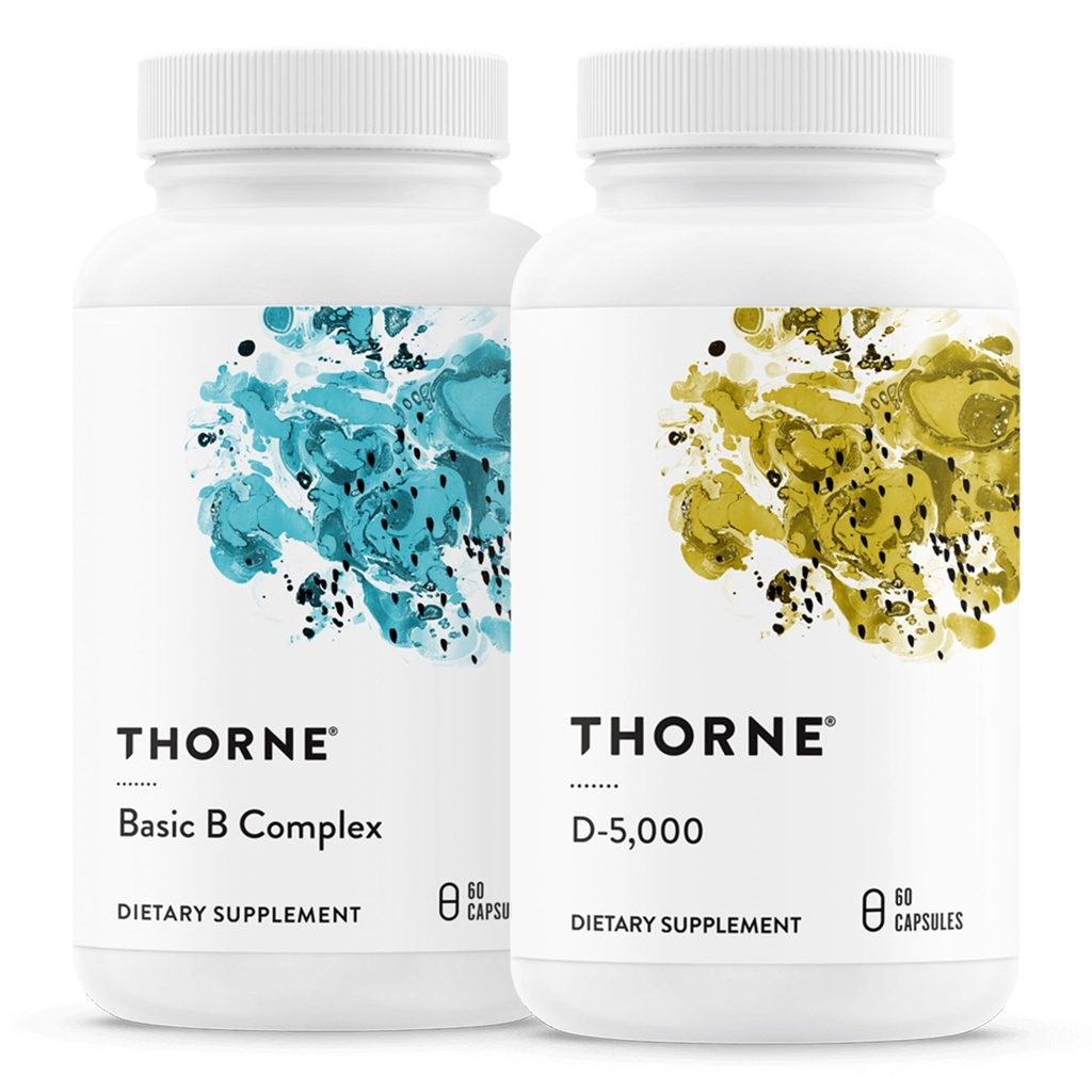 THORNE - Basic B Complex (60 kapsler) & D-5000-vitamin (60 kapsler) Bundle - understøtter cellulær energiproduktion, hjerne sundhed & sunde knogler - Gluten, Dairy & Soy- Free